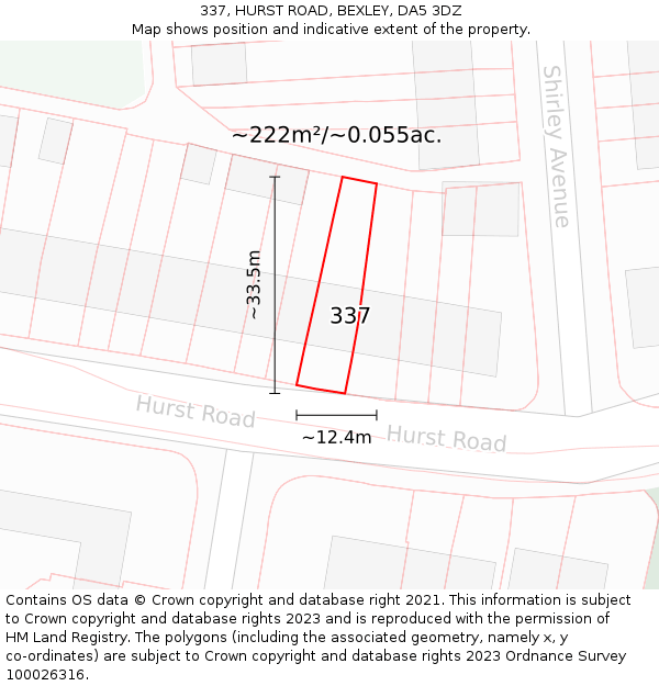 337, HURST ROAD, BEXLEY, DA5 3DZ: Plot and title map