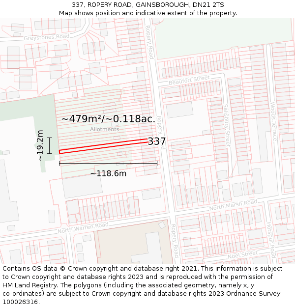 337, ROPERY ROAD, GAINSBOROUGH, DN21 2TS: Plot and title map