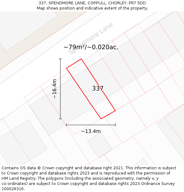 337, SPENDMORE LANE, COPPULL, CHORLEY, PR7 5DD: Plot and title map