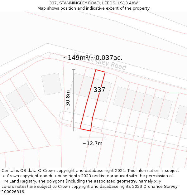 337, STANNINGLEY ROAD, LEEDS, LS13 4AW: Plot and title map