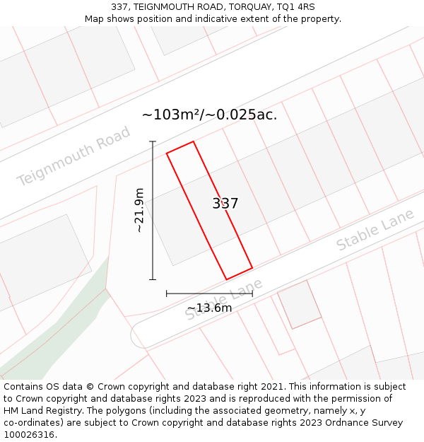 337, TEIGNMOUTH ROAD, TORQUAY, TQ1 4RS: Plot and title map