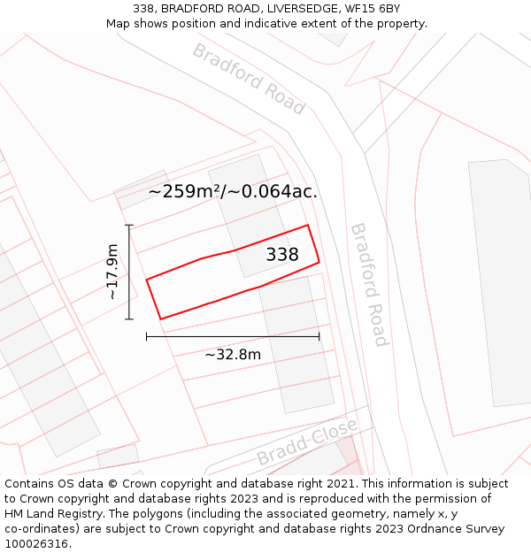 338, BRADFORD ROAD, LIVERSEDGE, WF15 6BY: Plot and title map