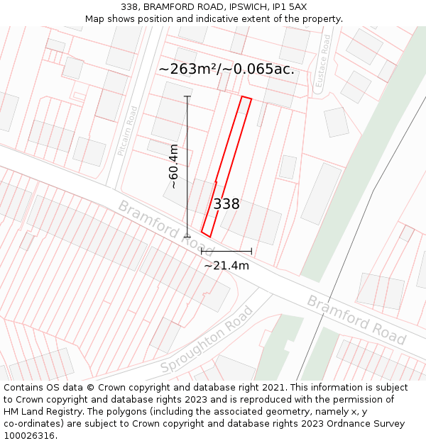 338, BRAMFORD ROAD, IPSWICH, IP1 5AX: Plot and title map