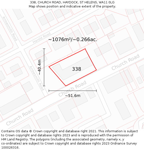 338, CHURCH ROAD, HAYDOCK, ST HELENS, WA11 0LG: Plot and title map