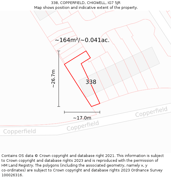 338, COPPERFIELD, CHIGWELL, IG7 5JR: Plot and title map