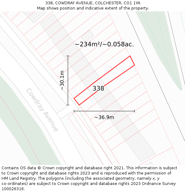 338, COWDRAY AVENUE, COLCHESTER, CO1 1YA: Plot and title map