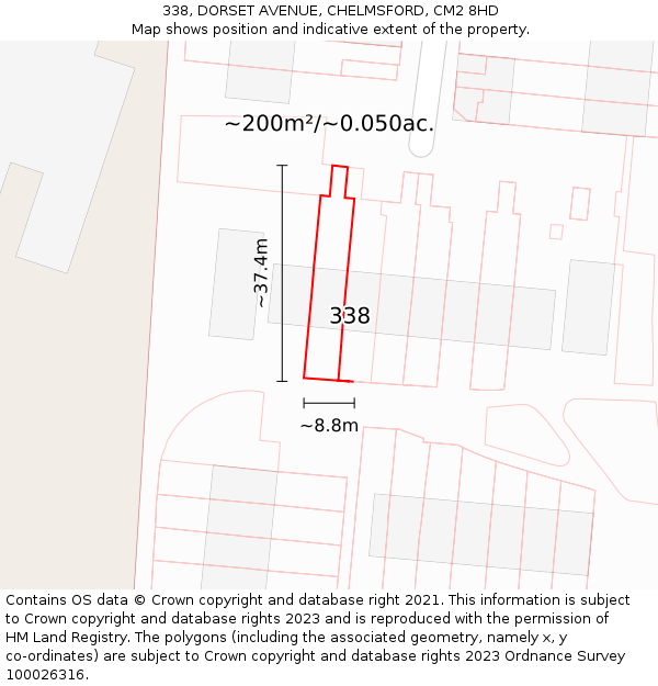 338, DORSET AVENUE, CHELMSFORD, CM2 8HD: Plot and title map