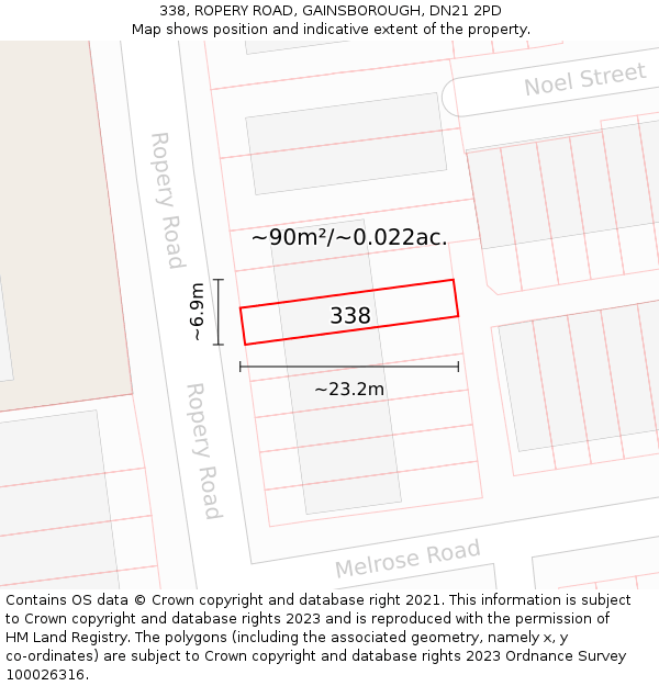338, ROPERY ROAD, GAINSBOROUGH, DN21 2PD: Plot and title map