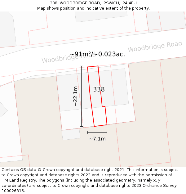 338, WOODBRIDGE ROAD, IPSWICH, IP4 4EU: Plot and title map