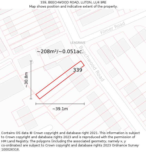 339, BEECHWOOD ROAD, LUTON, LU4 9RE: Plot and title map