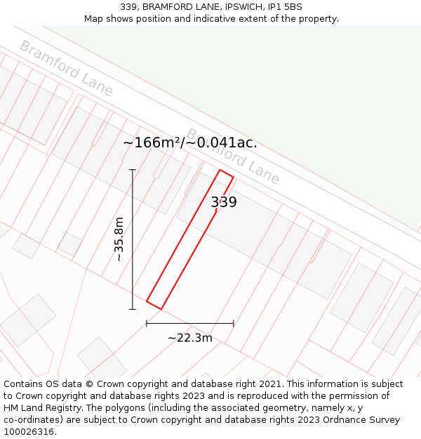 339, BRAMFORD LANE, IPSWICH, IP1 5BS: Plot and title map