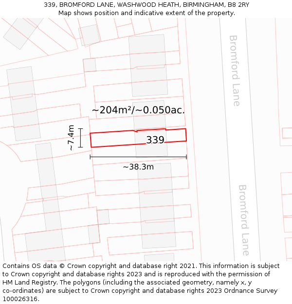 339, BROMFORD LANE, WASHWOOD HEATH, BIRMINGHAM, B8 2RY: Plot and title map