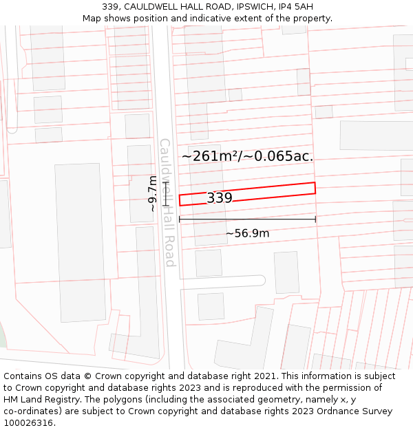 339, CAULDWELL HALL ROAD, IPSWICH, IP4 5AH: Plot and title map