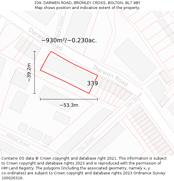 339, DARWEN ROAD, BROMLEY CROSS, BOLTON, BL7 9BY: Plot and title map