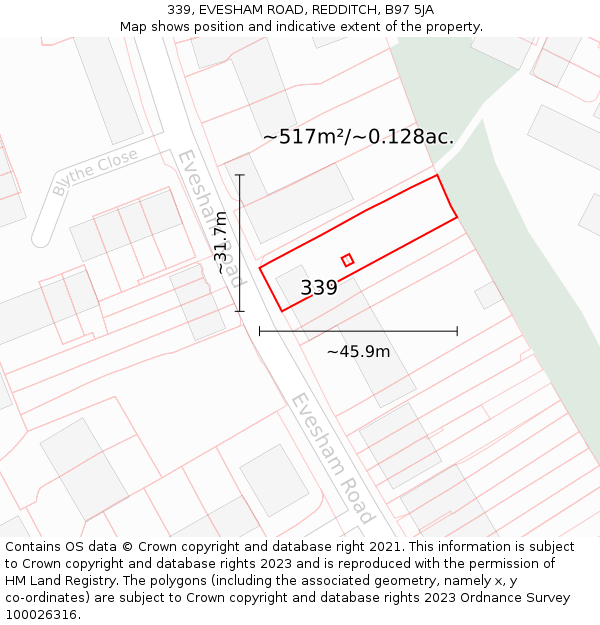 339, EVESHAM ROAD, REDDITCH, B97 5JA: Plot and title map