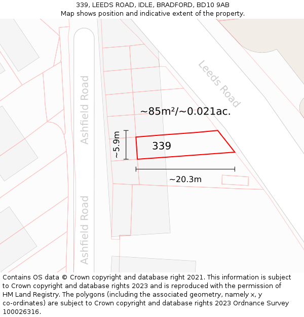 339, LEEDS ROAD, IDLE, BRADFORD, BD10 9AB: Plot and title map