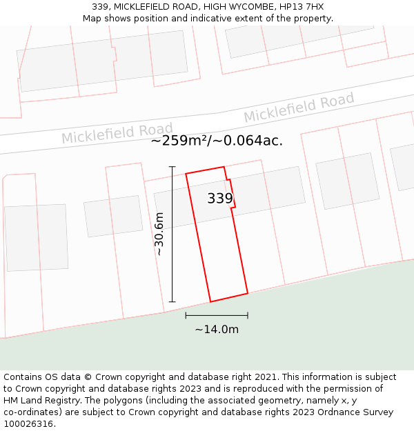 339, MICKLEFIELD ROAD, HIGH WYCOMBE, HP13 7HX: Plot and title map