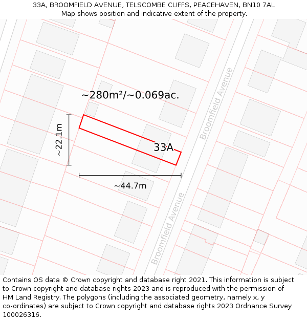 33A, BROOMFIELD AVENUE, TELSCOMBE CLIFFS, PEACEHAVEN, BN10 7AL: Plot and title map