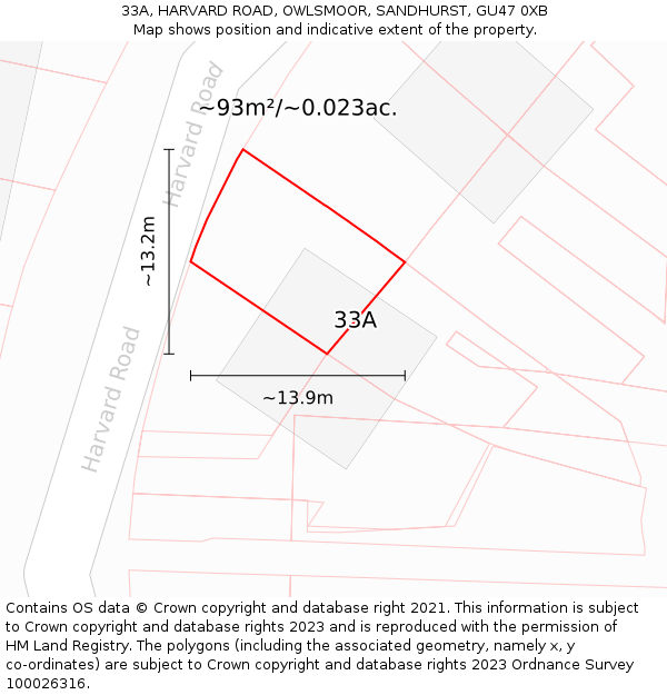 33A, HARVARD ROAD, OWLSMOOR, SANDHURST, GU47 0XB: Plot and title map