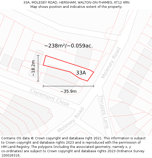 33A, MOLESEY ROAD, HERSHAM, WALTON-ON-THAMES, KT12 4RN: Plot and title map
