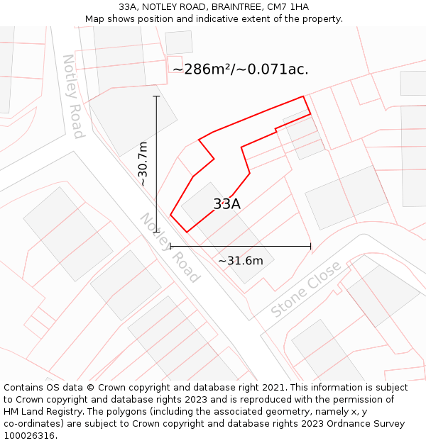 33A, NOTLEY ROAD, BRAINTREE, CM7 1HA: Plot and title map