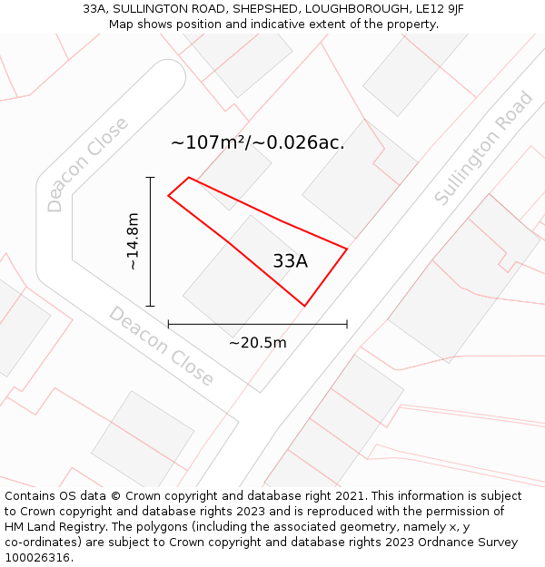 33A, SULLINGTON ROAD, SHEPSHED, LOUGHBOROUGH, LE12 9JF: Plot and title map