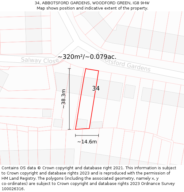 34, ABBOTSFORD GARDENS, WOODFORD GREEN, IG8 9HW: Plot and title map