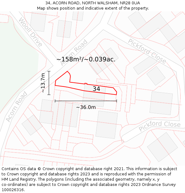 34, ACORN ROAD, NORTH WALSHAM, NR28 0UA: Plot and title map
