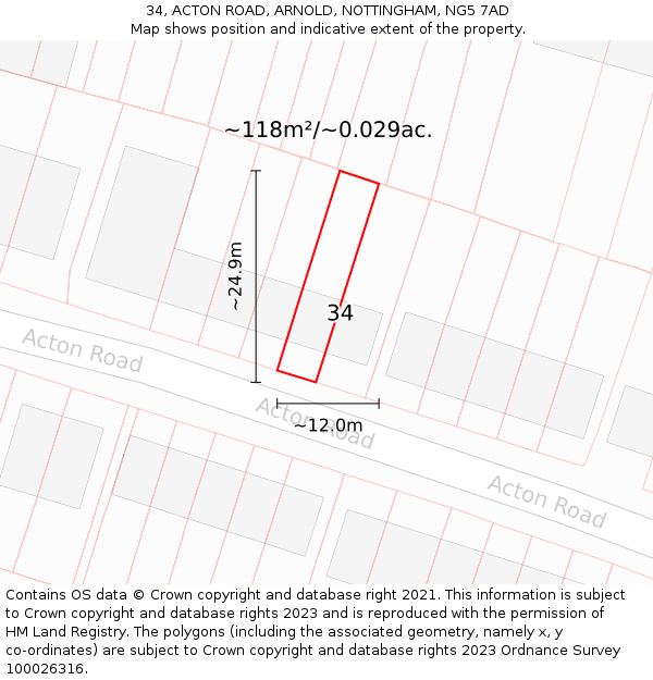 34, ACTON ROAD, ARNOLD, NOTTINGHAM, NG5 7AD: Plot and title map