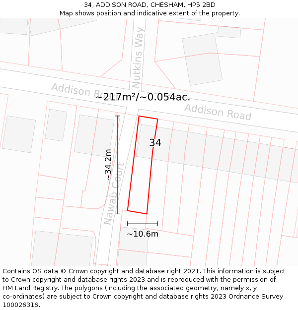 34, ADDISON ROAD, CHESHAM, HP5 2BD: Plot and title map