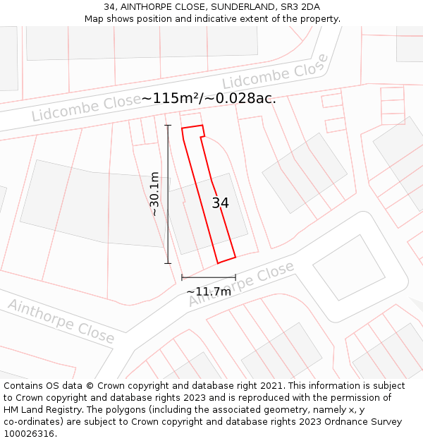 34, AINTHORPE CLOSE, SUNDERLAND, SR3 2DA: Plot and title map