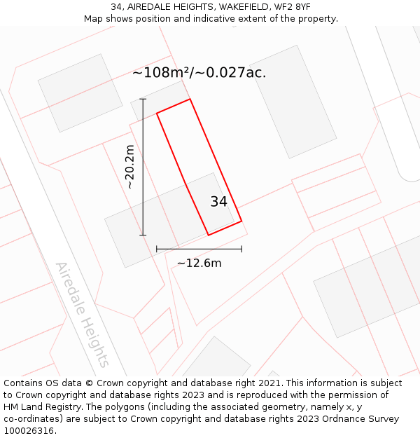 34, AIREDALE HEIGHTS, WAKEFIELD, WF2 8YF: Plot and title map