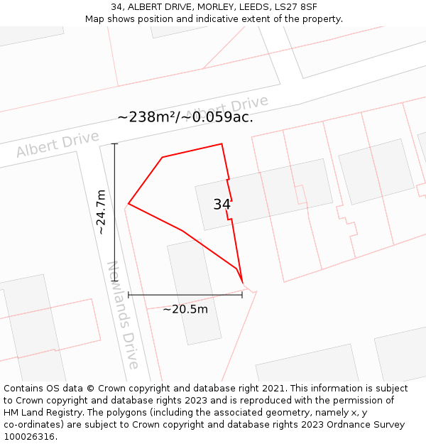 34, ALBERT DRIVE, MORLEY, LEEDS, LS27 8SF: Plot and title map