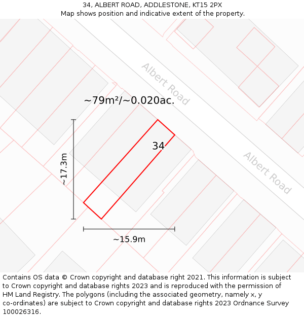 34, ALBERT ROAD, ADDLESTONE, KT15 2PX: Plot and title map