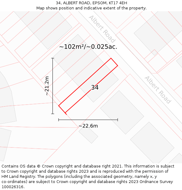 34, ALBERT ROAD, EPSOM, KT17 4EH: Plot and title map