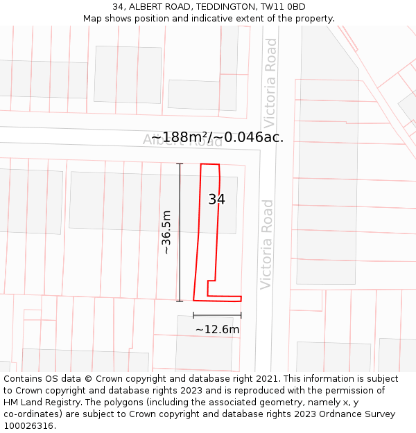34, ALBERT ROAD, TEDDINGTON, TW11 0BD: Plot and title map