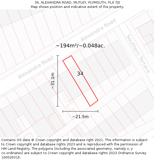 34, ALEXANDRA ROAD, MUTLEY, PLYMOUTH, PL4 7JS: Plot and title map