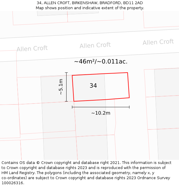 34, ALLEN CROFT, BIRKENSHAW, BRADFORD, BD11 2AD: Plot and title map