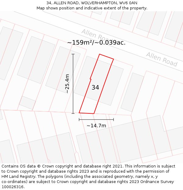 34, ALLEN ROAD, WOLVERHAMPTON, WV6 0AN: Plot and title map