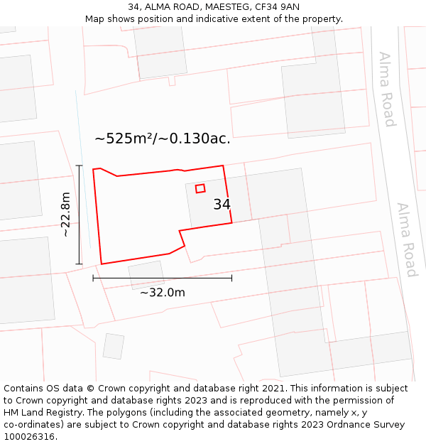 34, ALMA ROAD, MAESTEG, CF34 9AN: Plot and title map
