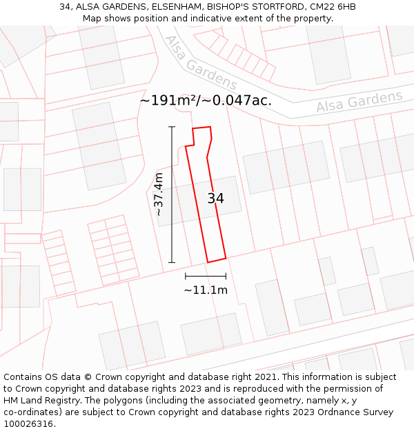 34, ALSA GARDENS, ELSENHAM, BISHOP'S STORTFORD, CM22 6HB: Plot and title map