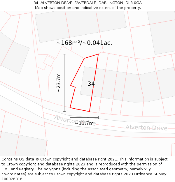 34, ALVERTON DRIVE, FAVERDALE, DARLINGTON, DL3 0GA: Plot and title map