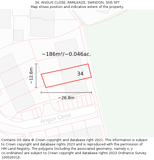 34, ANGUS CLOSE, RAMLEAZE, SWINDON, SN5 5PT: Plot and title map