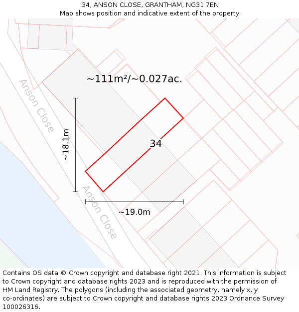34, ANSON CLOSE, GRANTHAM, NG31 7EN: Plot and title map