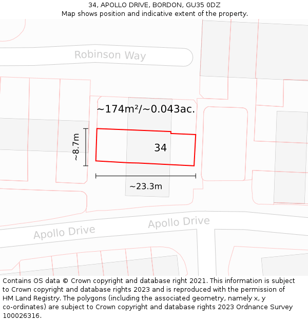 34, APOLLO DRIVE, BORDON, GU35 0DZ: Plot and title map