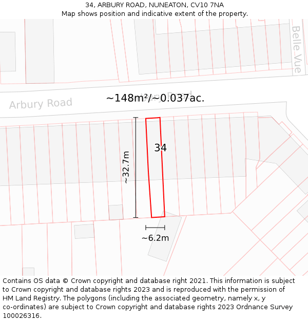 34, ARBURY ROAD, NUNEATON, CV10 7NA: Plot and title map
