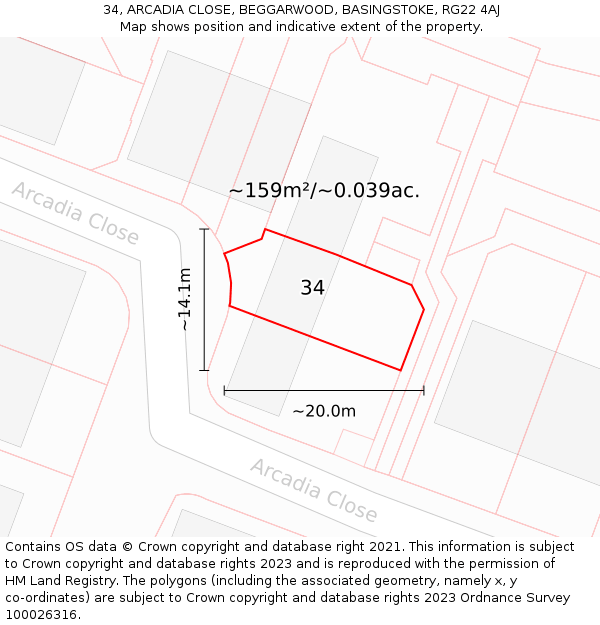 34, ARCADIA CLOSE, BEGGARWOOD, BASINGSTOKE, RG22 4AJ: Plot and title map