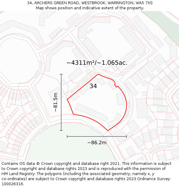 34, ARCHERS GREEN ROAD, WESTBROOK, WARRINGTON, WA5 7XS: Plot and title map