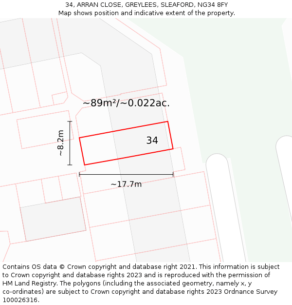 34, ARRAN CLOSE, GREYLEES, SLEAFORD, NG34 8FY: Plot and title map