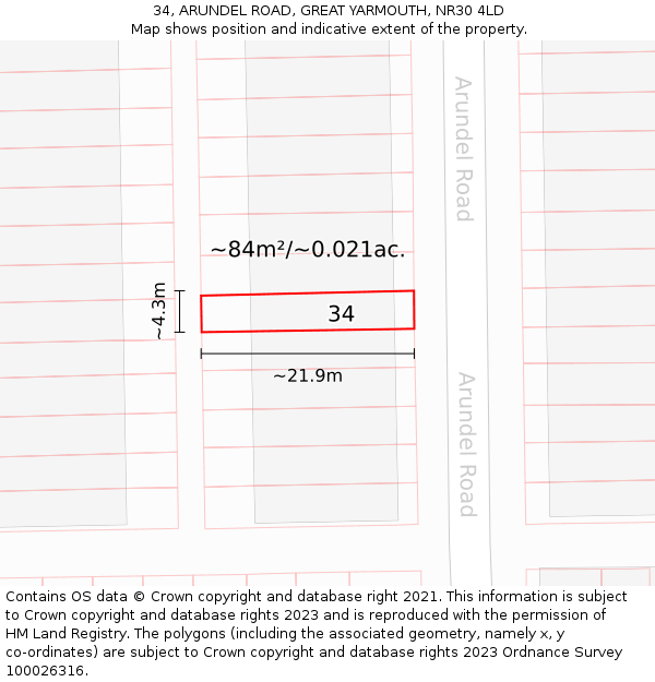 34, ARUNDEL ROAD, GREAT YARMOUTH, NR30 4LD: Plot and title map